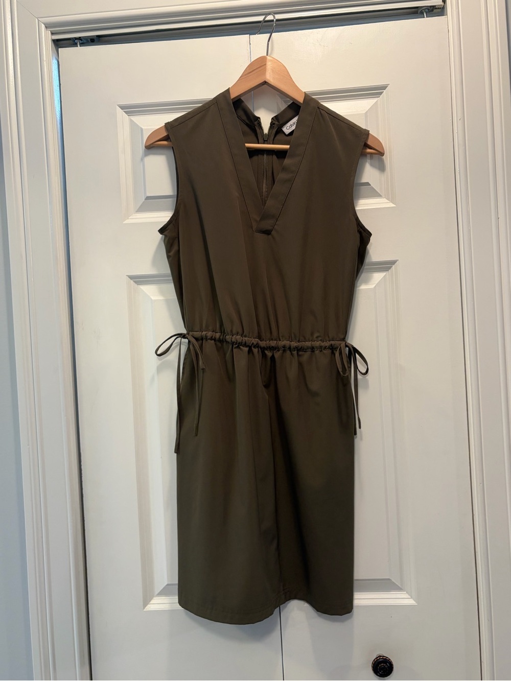 Calvin Klein Olive Green Sleeveless Drawstring Mini Dress with pockets